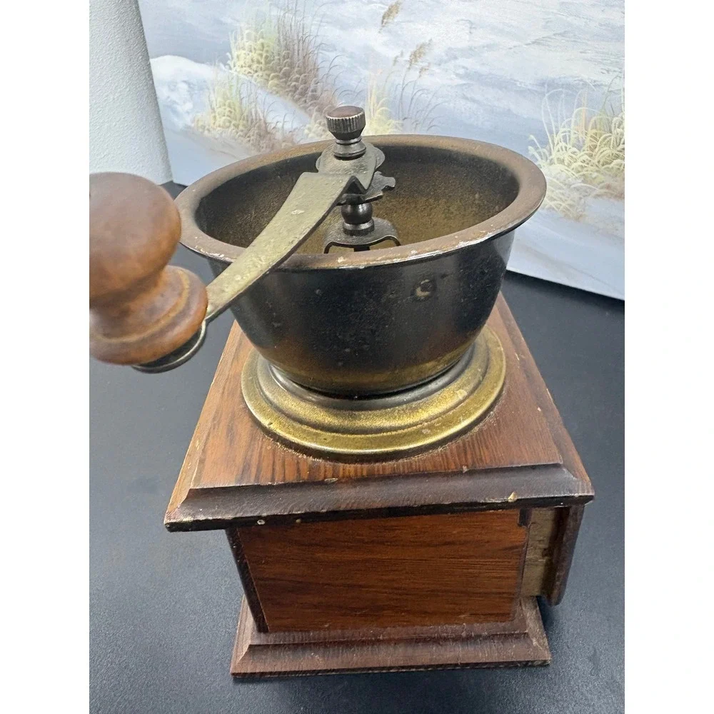 Vintage Wooden Manual Coffee Grinder Hand Crank Mill Rustic Kitchen Decor 8in